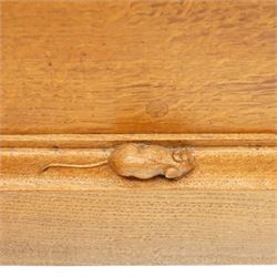 Mouseman - mid-20th century oak longcase clock, with a high quality weight driven movement and dial by Sinclair and Harding & Co of Cheltenham, the rectangular hood carved with foliate ornament, over a glazed and oak trunk on stepped base, with carved mouse signature, by the workshop of Robert Thompson of Kilburn Provenance: purchased directly from the Kilburn workshop in the 1940s/1950s