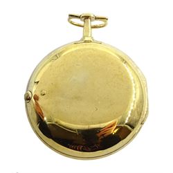 George III gilt pair cased verge fusee pocket watch by George Flote, Islington London, No. 1790, round baluster pillars, pierced and engraved cock balance, white enamel dial with Roman numerals, bull's eye glass, case makers mark I.N, with a fabric watchpaper embroidered with 'Oft let us meet in thought'