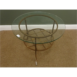  Wrought metal circular garden table, glass top, D65cm, H48cm  