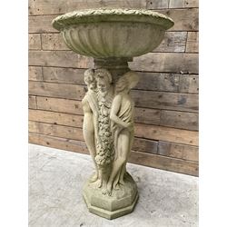 Cast stone bird bath, pedestal in the form of 'The Three Graces'