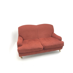 Laura Ashley Twickenham three seat sofa upholstered in a red fabric, turned supports (W188cm) and matching two seater (W160cm)