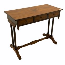 Victorian style rosewood console table, fitted with three drawers, inlaid detail