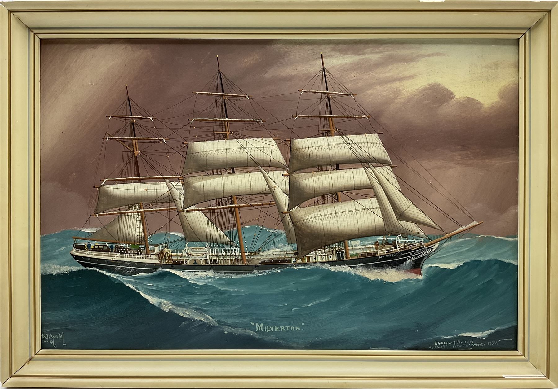 Reginald Arthur Borstel (Australian 1875-1922): Sailing Ship's Portrait 'Milverton', oil on board signed titled and dated 1916, historical info. verso 28cm x 42cm
Notes: the Windjammer Milverton was built by Oswald Mordaunt & Co of Southampton for a Liverpool firm, in British ownership till 1914, at the time of painting in the Australian ownership of 'Laidlaw & Harkis, 64 Union St., Pyrmont, Sydney, NSW' 