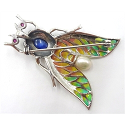  Silver plique-a-jour, marcasite and stone set flying insect brooch stamped 925  
