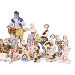 Volkstedt, pair of figures, the flower seller and the bird seller, together with Dresden fruit seller and card seller, with other continental figures