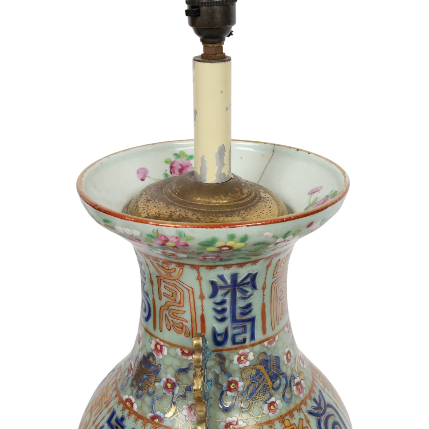 Early 20th century Chinese celadon ground vase, converted to lamp, of baluster form with flared neck and applied twin scroll handles to shoulders, the body decorated with polychrome enamels of birds amongst flowering branches, between bands of archaistic characters in blue, iron red and gilt, including fittings H60cm