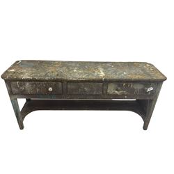 19th century pine workbench, rectangular top, fitted with three drawers over undertier
