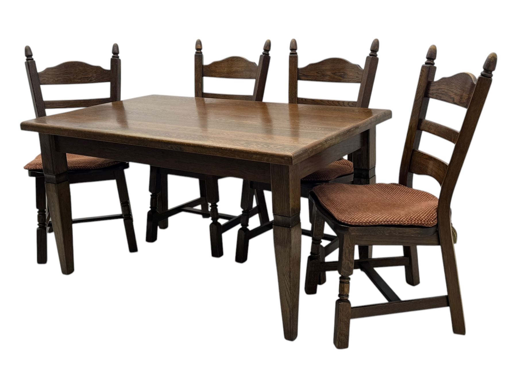 Mid-20th century Dutch oak dining table, rectangular top raised on square supports with tapered sections; four ladderback dining chairs, on turned supports with H-stretchers