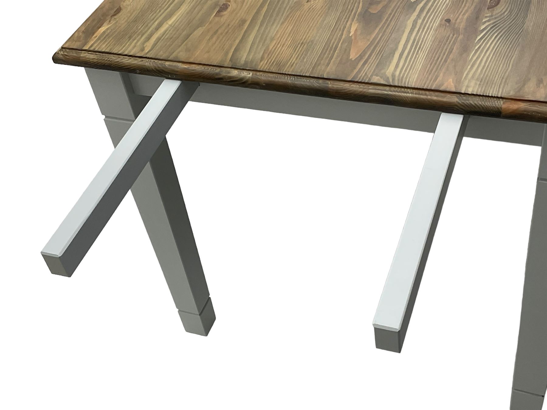 Pine kitchen dining table, rectangular moulded top on painted base, square tapering supports (180cm x 85cm, H78cm); and two matching benches 