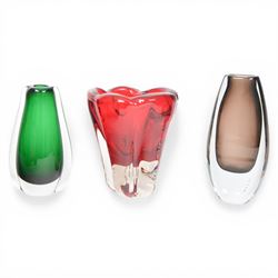 Three mid-century vases, comprising green Czech ‘winged’ vase, cinnamon vase, B894, designed by Gunnar Nyland for Strombergshyattan, signed beneath and Whitefriars ‘molar’ vase, designed by William Wilson 