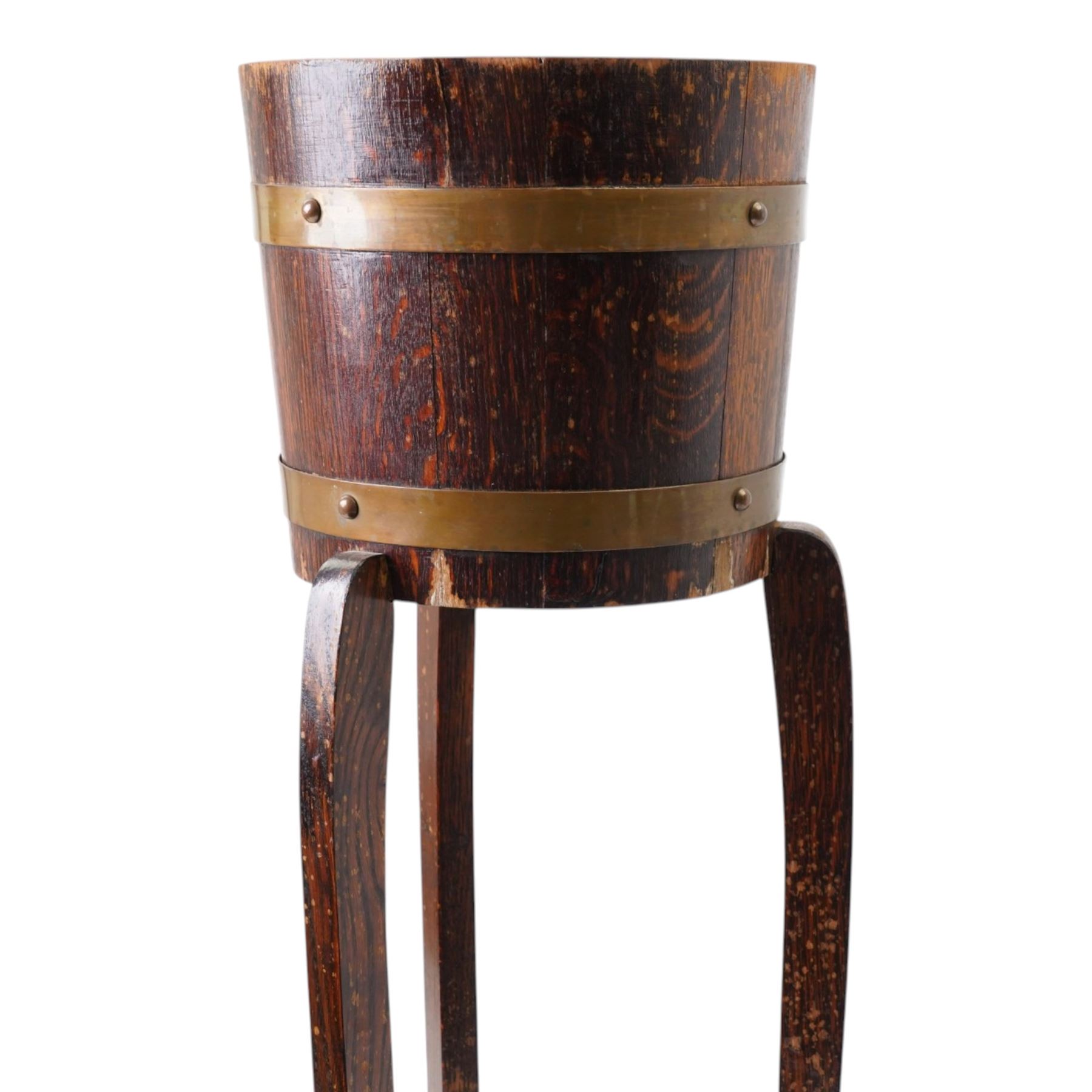 R A Lister & Co Ltd - early 20th century brass bound coopered bucket on stand, H91cm 