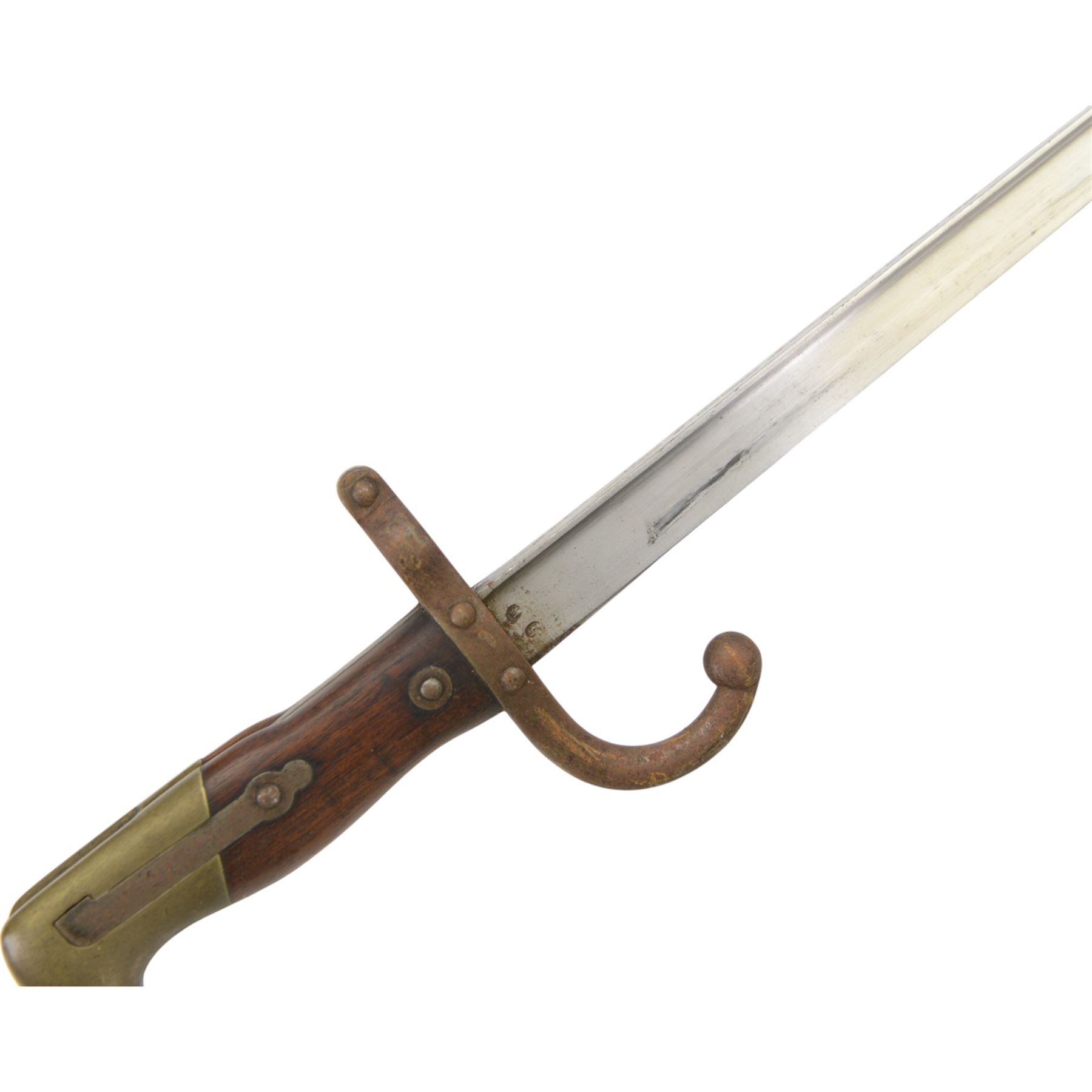 French chassepot bayonet the spine engraved St. Etienne, Mass 1876, with matching scabbard and another French chassepot engraved 1877, with matching scabbard 