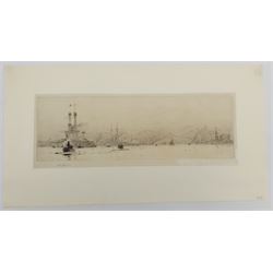 William Lionel Wyllie (British 1851-1931): 'The U.S. Fleet on the Firth of Forth before the Forth Bridge', etching signed in pencil 12.5cm x 34cm (unframed)