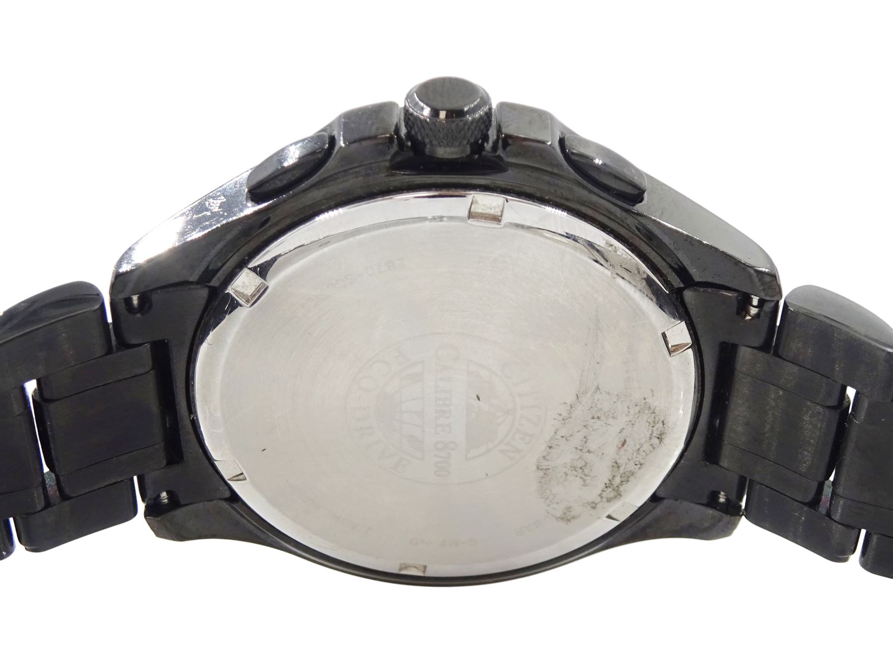 Citizen Eco-Drive Perpetual Calendar gentleman's black stainless steel quartz wristwatch, Ref. WR 100, on original strap with fold-over clasp