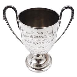 Early 20th century silver trophy cup, with twin acanthus capped handles, upon circular stepped foot, the body with presentation engraving 'The Flamborough Horticultural Society Challenge Cup For The Best Agricultural Foal', hallmarked 	Barker Brothers (Herbert Edward Barker & Frank Ernest Barker), Chester, probably 1909 (date mark worn and indistinct), including handles H18.5cm, approximate silver weight 10.3 ozt (320.7 grams)