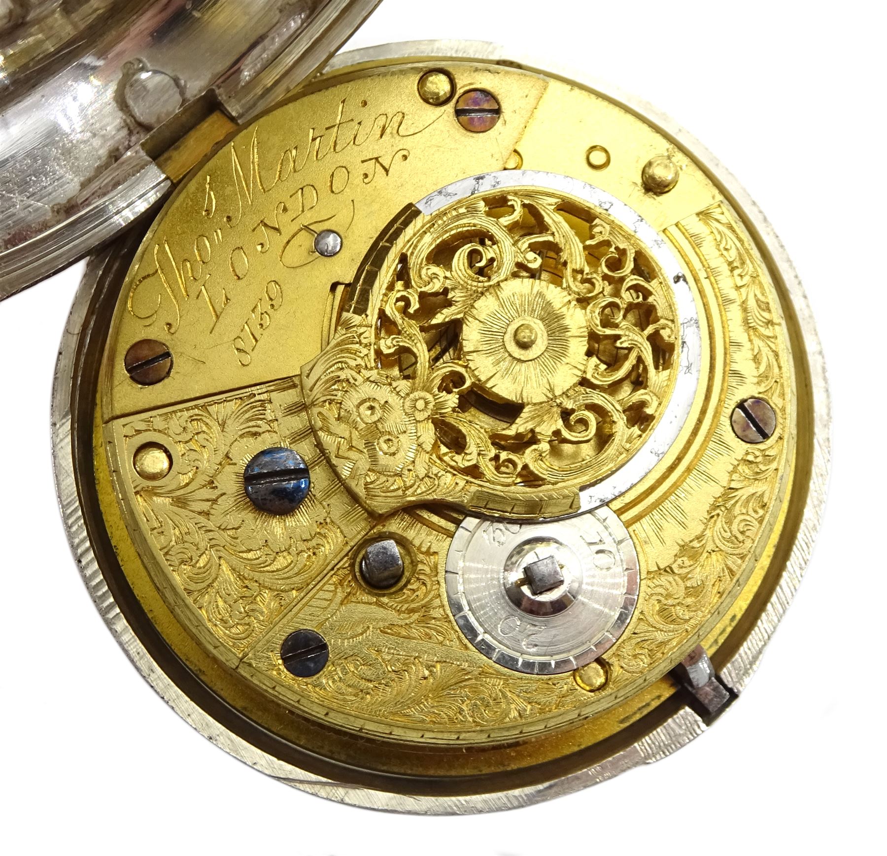 Victorian silver pair cased verge fusee pocket watch by Thomas Martin, London, No. 8139, pierced and engraved balance cock decorated with a mask, white enamel dial with Roman numerals, case by William Carter, London 1856