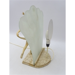  Art Deco style table lamp modelled as two Dancers with a glass Peacock Feather frosted diffuser, H44cm   