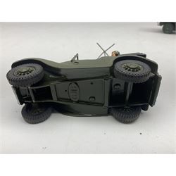 CJB Morris Military Field Wireless car with antenna, driver and operator L11cm; CJB Military covered wagon with two figures; and CJB maroon and white painted flat-bed truck with driver (3)