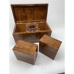 George III mahogany tea caddy, of rectangular form with twin lug handles, raised upon four compressed bun feet, the hinged cover opening to reveal two removable zinc lined canisters with hinged covers, flanking a central clear glass mixing bowl, H18cm L34cm D18cm