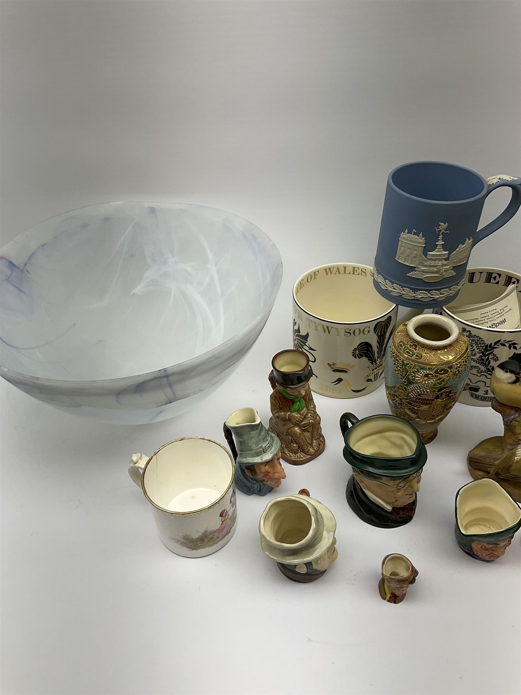Portmeirion glass bowl,  Wedgwood jasper ware trinket boxes and other items, Wedgwood 'The Imperial Banquet' figure, small Royal Doulton and other character jugs etc, in one box