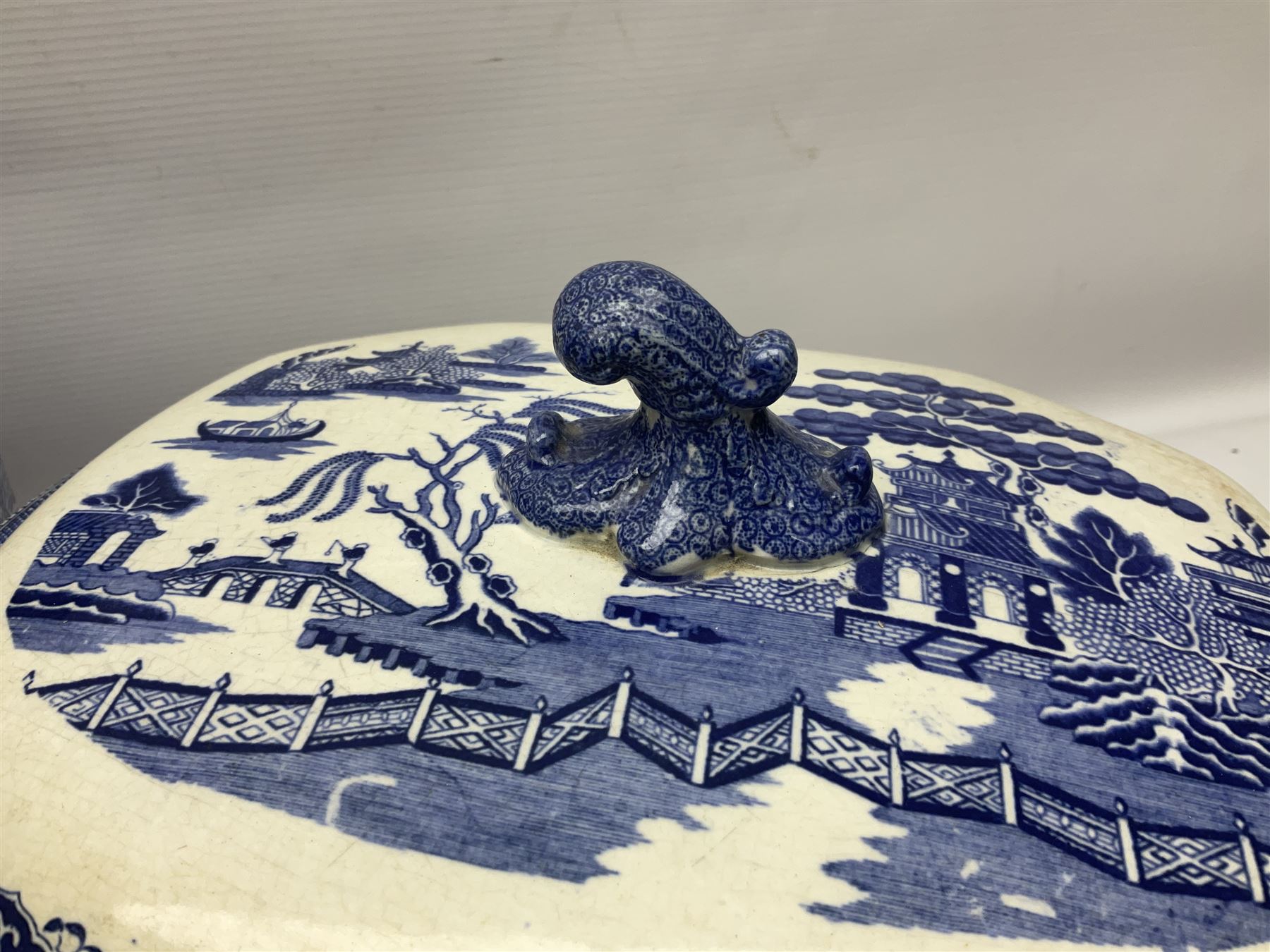 Large blue and white twin handled tureen with cover, Copeland Spode bowl, oriental blue and white jar and cover and a pair of blue and white vases