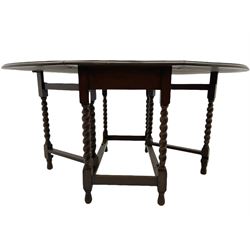 Early 20th century oak barley twist drop leaf dining table (105cm x 154cm, H74cm), and four chairs 