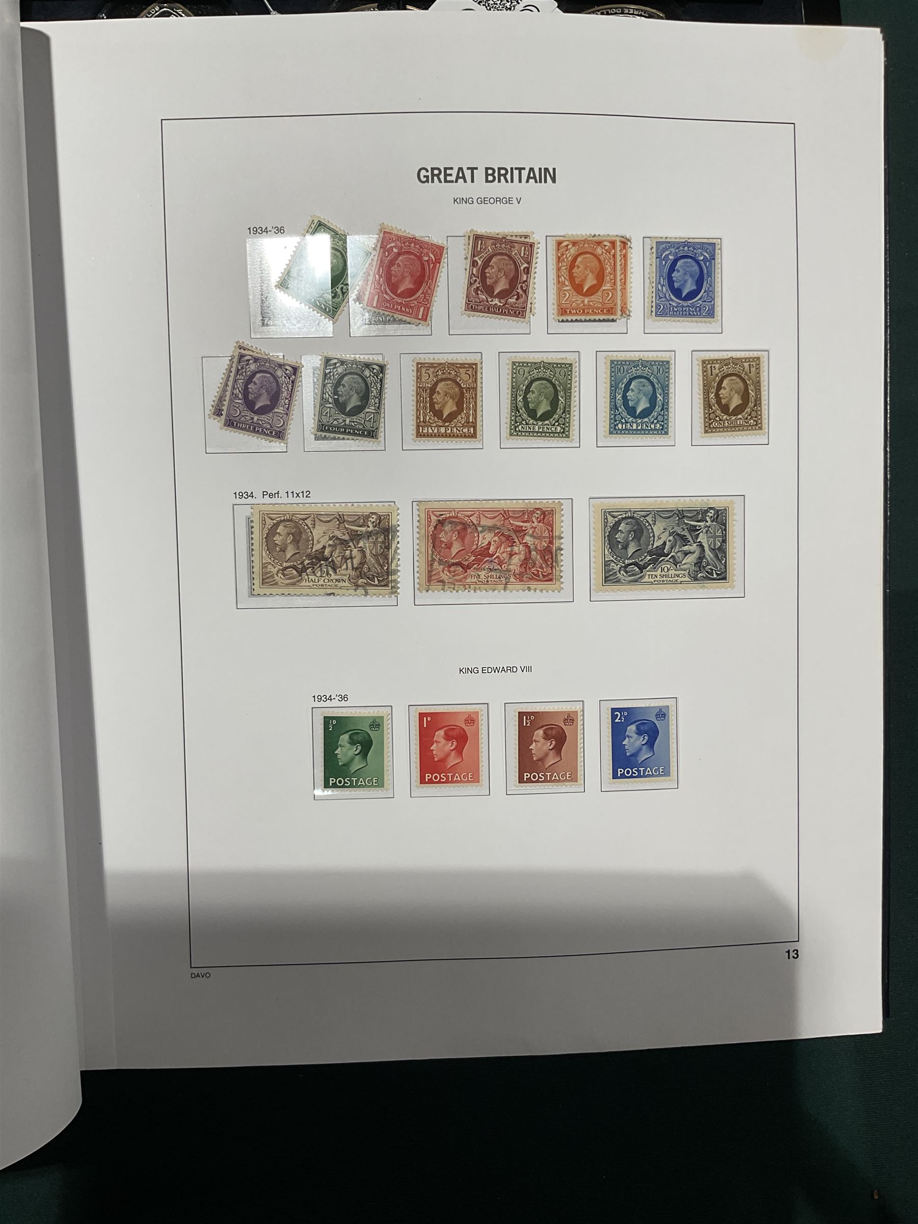 Extensive single album collection of Great British Queen Victoria and later stamps, including QV penny black with three margins, 1840 two pence blue, perf two pence blues with white lines added, QV one pound brown lilac, QV one pound green, King George V seahorses, 1929 Postal Union Congress one pound black, King George VI 1939-48 set of six with ten shillings dark blue, Queen Elizabeth II pre-decimal issues, housed in a Stanley Gibbons Great Britain 2001 album, a well presented collection with few ommissions