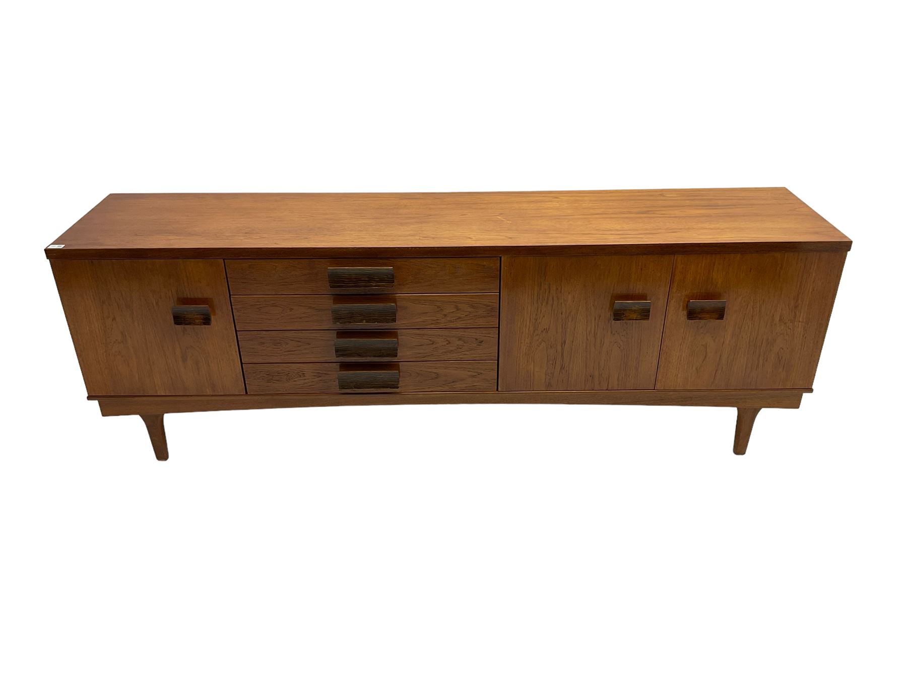 Bath Cabinet Makers BCM - mid-20th century teak sideboard fitted with four drawers and three cupboards with curved handles on tapering supports