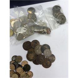 Great British and World coins including Chinese cash coins, Great British George III 1806 penny, various Queen Victoria and later farthings, Queen Elizabeth II old round one pounds, 'Millennium Moment' five pound coin cover etc, in one box