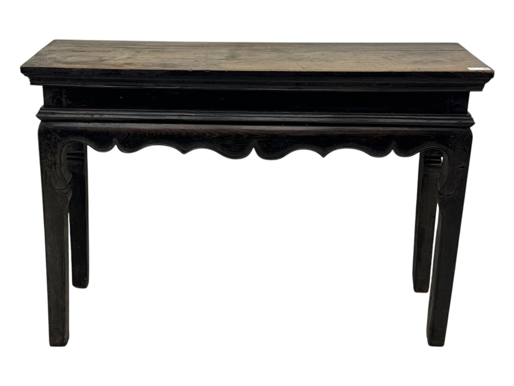 19th century Chinese black lacquer console table, rectangular moulded top over full-width drawer and scalloped apron with carved corner details, raised on square-section legs