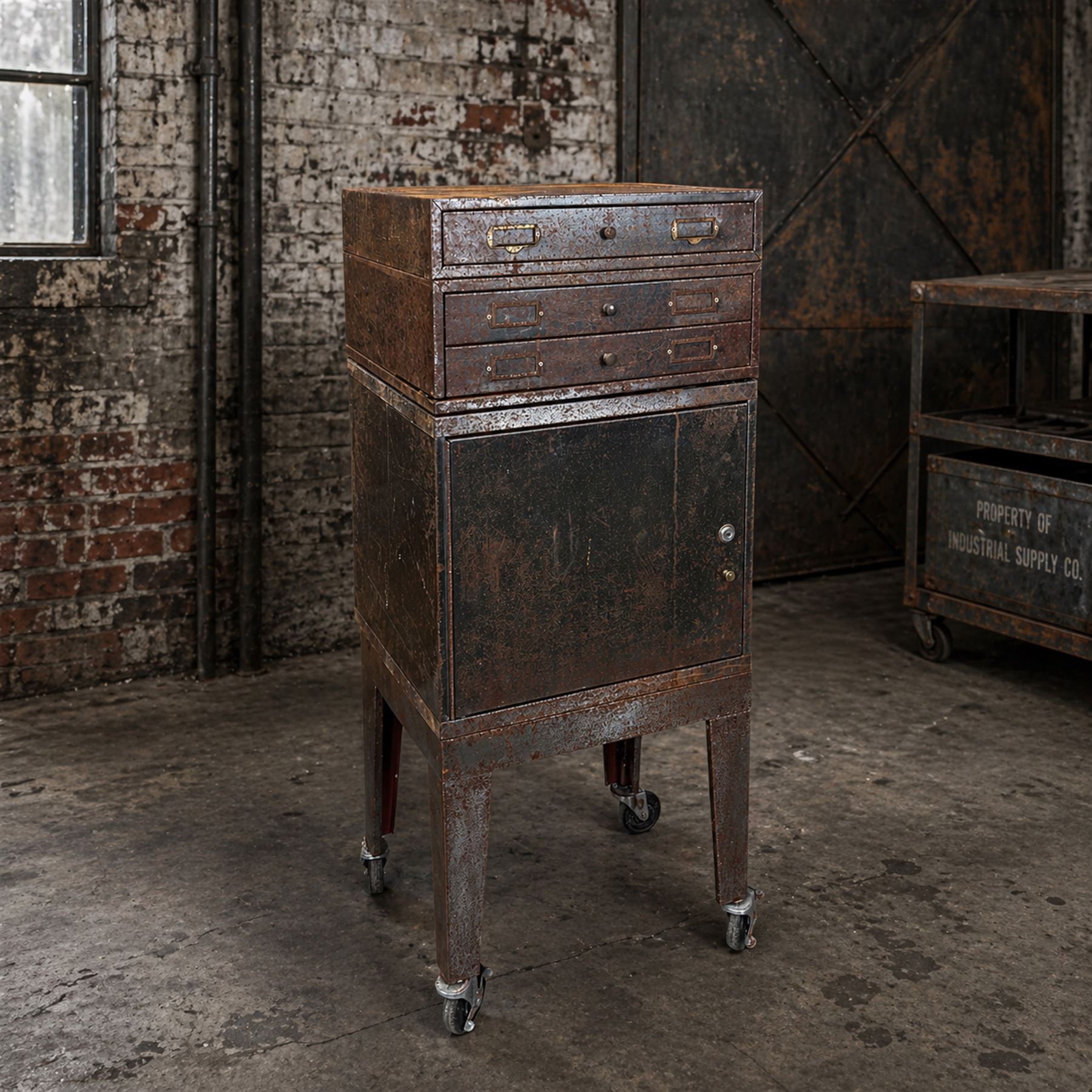 Luxor - industrial modular cabinet, three sections comprising single drawer, double drawer and single cupboard, raised on stand; and a tall industrial cabinet