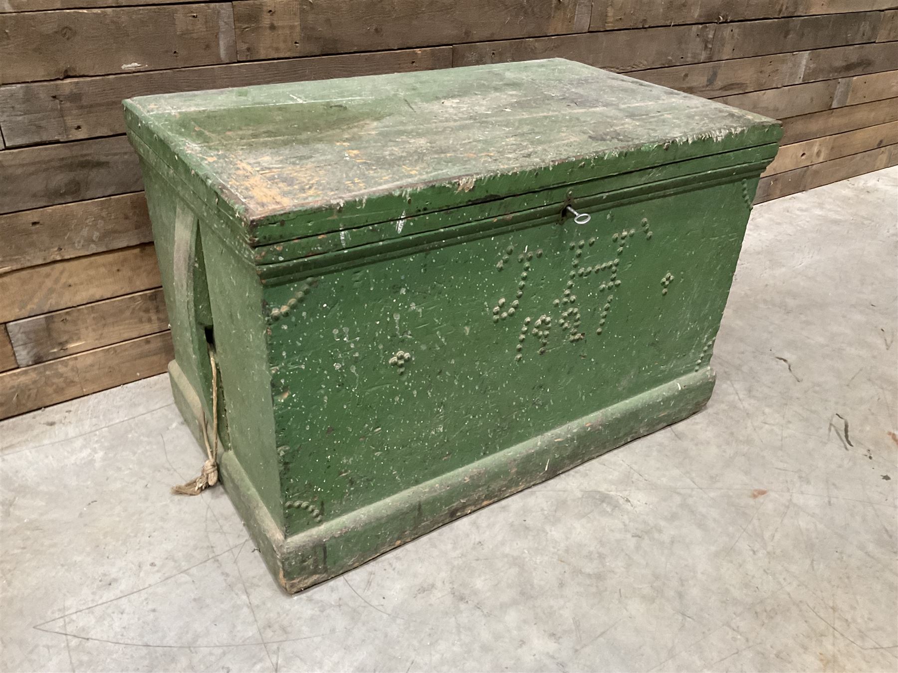 19th century green painted pine carpenters tool chest, mahogany lined fitted interior with adjustable sliding fitted compartments