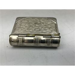 Edwardian silver plated combination vesta case and stamp holder in the form of a book, by CEB & Co, Reg. 387671, L5cm