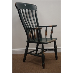  19th century kitchen farmhouse armchair, finished in traditional bottle green, turned supports joined by stretchers, W60cm  