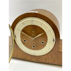Mid 20th century walnut cased mantel clock by 'Smiths', circular dial with Arabic chapter ring, triple train driven movement with Westminster and Whittington chimes, chiming the quarters and striking the hours on rods, silent chime and West Whitt levers