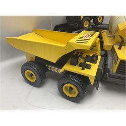 Tonka - five large scale steel pressed vehicles comprising Cement Mixer, Car Transporter, Mobile Crane and two Dumper Trucks (5)