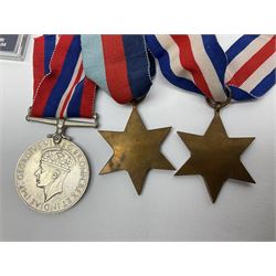 WW2 group of three medals comprising 1939-1945 War Medal, France & Germany Star and 1939-1945 Star; all with ribbons; 1930s Hull Savings Bank silver and enamel presentation fob; three medallions depicting Hitler, Mussolini and Mao Tse Tung; quantity of modern crowns and other coins; and a 6mm Flobert style starting pistol