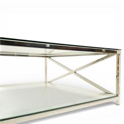 Modern chrome and glass coffee table, square plate glass top on polished chrome frame, the sides formed with X-frame stretchers, raised on square supports with lower glass tier