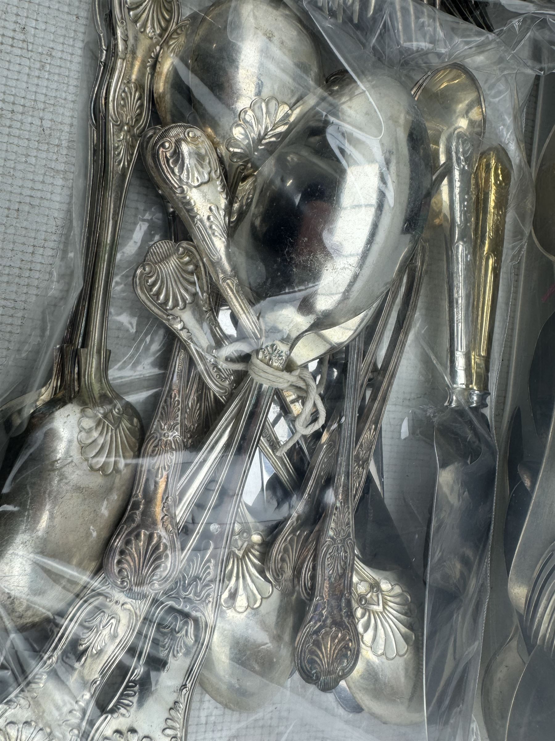 Part service of silver-plated kings pattern cutlery, together with a quantity of 19th century and later silver-plated cutlery in one box