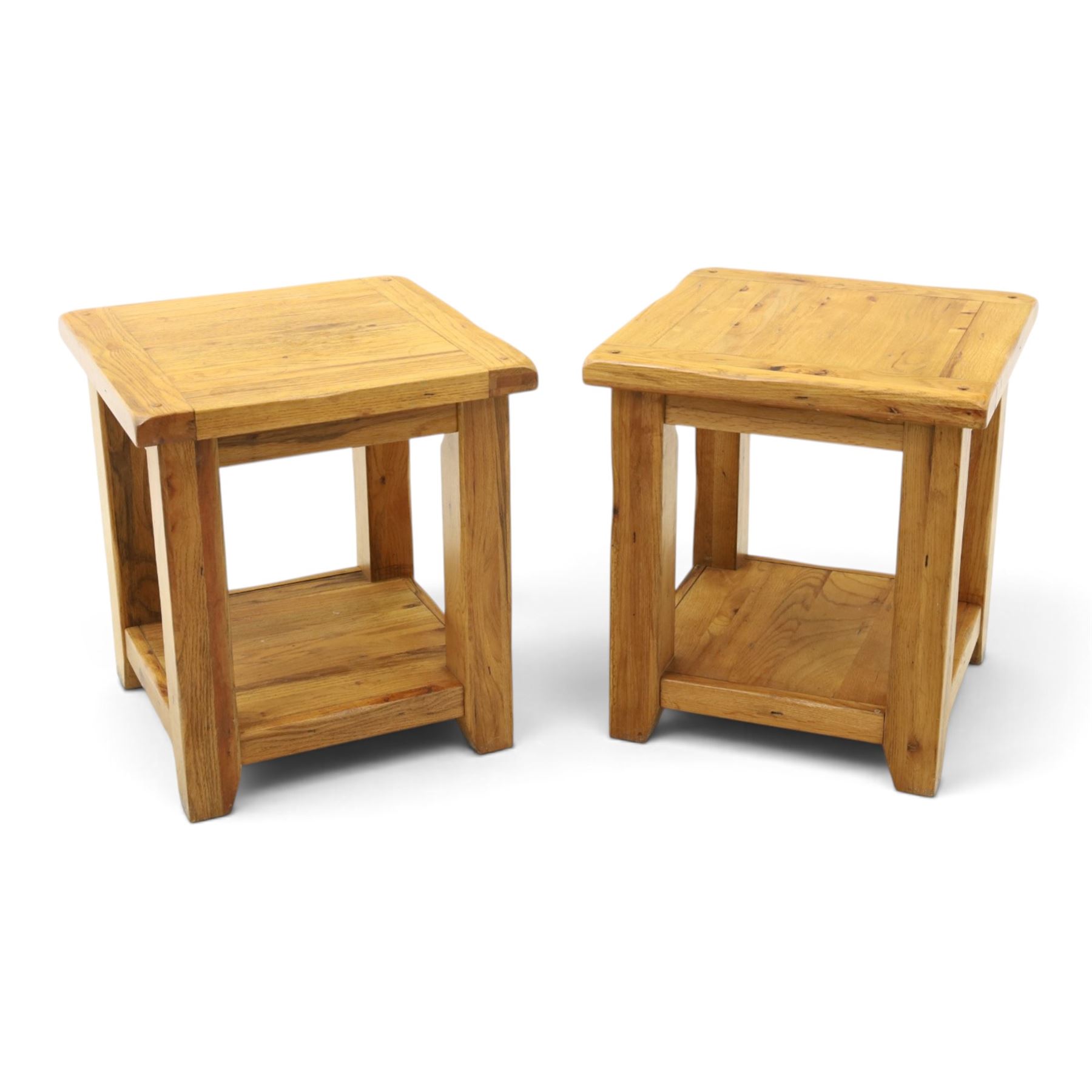 Pair of light oak  two tier occasion tables, square top on square supports united by under tier