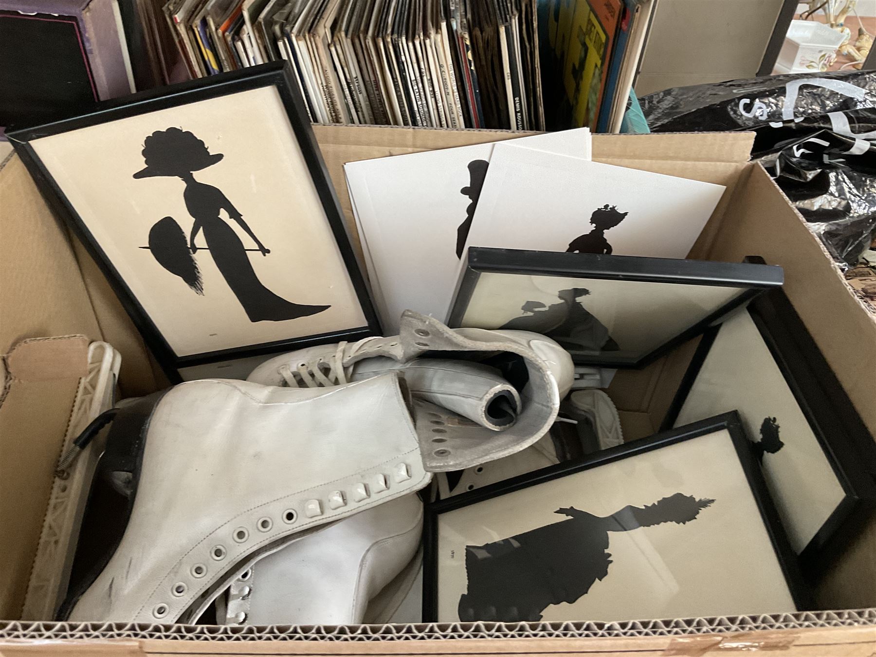 ‘The Early Breakfast’, 19th century hand coloured engraving in Hogarth type frame, vinyl LPs, reproduction silhouettes, two pairs of leather ice skates and tea set depicting a Japanese landscape