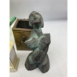 Metamec and H. Samuel battery operated brass carriage clocks, bronzed style abstract figure signed 'Cotp W', two art glass splash bowls, etc