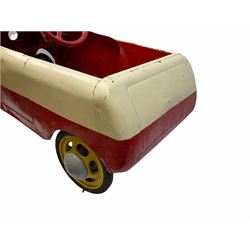 1950s child's tin-plate pedal car, possibly by Tri-ang, painted white and red and named 'Crusader' L104cm
