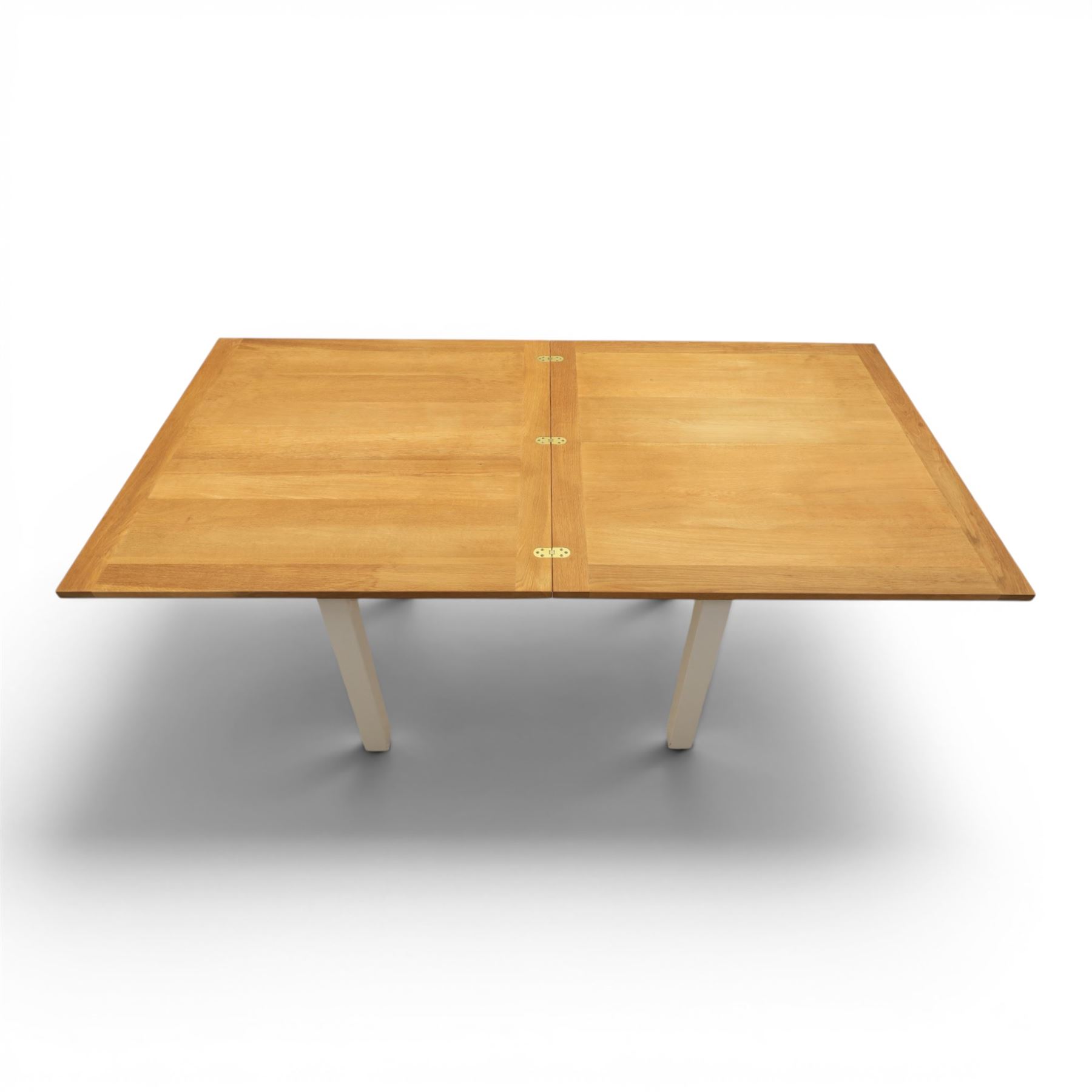 Contemporary Oak fold-over leaf dining table and four chairs, square top extending to a rectangular top 200cm, four white dining chairs with upholstered and padded seats
