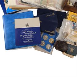 Great British and World coins and stamps, including USA 1984 stamp and cover collection, 'America Remembers the World at War' first day cover collection, numerous pre-decimal coins, etc, in one box