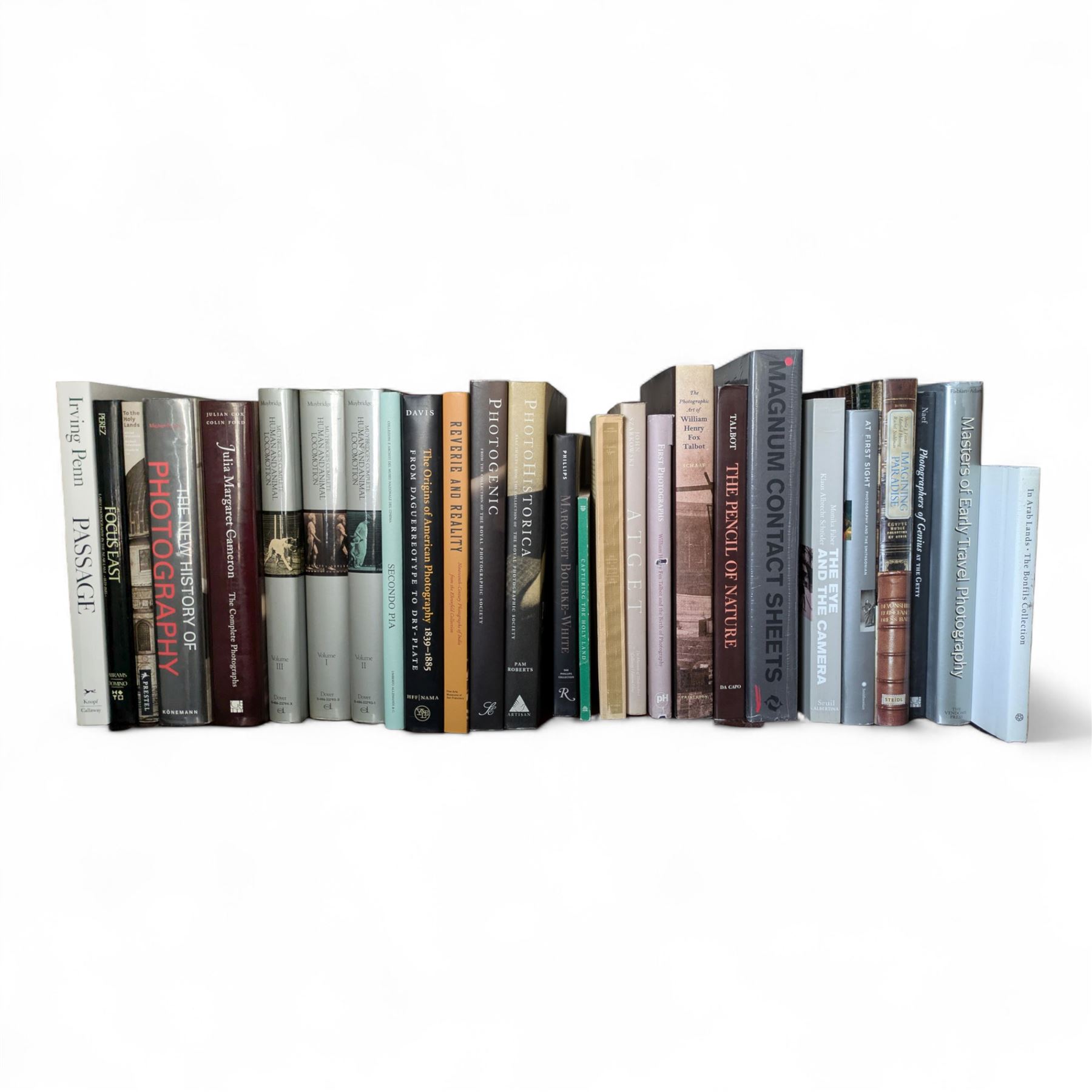 Large collection of photography history reference books, including Muybridge's Complete Human and Animal Locomotion, three volumes, 1979, The Photographers of Constantinople, two volumes in slipcase, and The Origins of American Photography, Julia Margaret Cameron, the complete photographs, Nadar (1820-1910), Portfolio, Electa Editrice, Milano, 1979, in English and Italian, with 12 plates of black and white photographs, including portraits of Charles Baudelaire, Hector Berlioz and Eugène Delacroix, limited edition of 1000 copies, approximately 121 books in total, full list on request, and additionally various Photography Auction Catalogues, including Quillan Collection, Girault de Prangey, Marie Therese & Andre Jammes Collection 1999 & 2008, Lewis Carroll's Alice, Paul F. Walter Collection et al