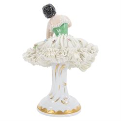 Two Continental lace figures, each modelled as a female dancer with lace skirts and lace trimmed bodice, upon a gilt detailed base, each marked beneath, tallest example H23cm