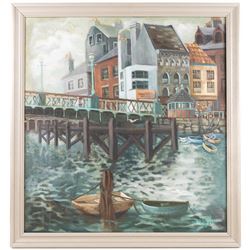 RA Wilson (British Mid-20th century): 'Whitby Harbour from Sandgate', oil on canvas signed and dated 1970, titled on label verso 75cm x 70cm