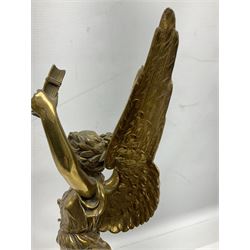 After Oswald Schimmelpfennig (German, 1872-1939): Pair of gilt bronze winged Allegorical female figures, the first example with arm outstretched holding a branch, signed 'Schimmelpfennig 1900', the second with arm raised above her head holding a book and sword in the other, both raised upon marble plinths, H45cm
