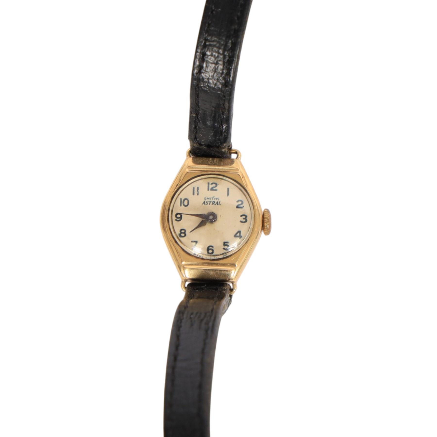 Three 9ct gold cased ladies wristwatches, including two with leather straps and one with an expanding gilt strap 